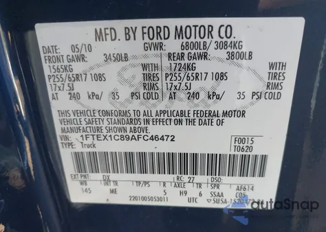 2010 Ford F-150 Fx2 Sport/Stx/Xl/Xlt из США, поврежденный, VIN 1FTEX1C89AFC46472